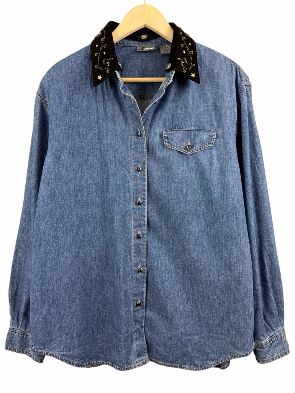 Vintage Lizwear 90s Celestial Denim Shirt Overshirt Velvet Removable Collar